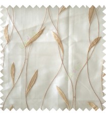 Beige white color vertical flowing lines with embroidery leaf design trendy stripes  pattern with polyester transparent fabric sheer curtain