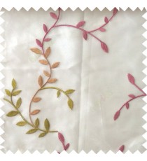 Pink green beige color natural floral hanging leaf vertical embroidery pattern with thick polyester background sheer curtain