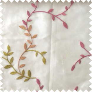 Pink green beige color natural floral hanging leaf vertical embroidery pattern with thick polyester background sheer curtain