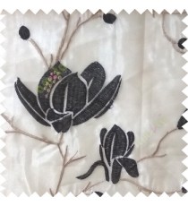 Black beige grey color natural floral tree flowers branch buds embroidery pattern with transparent polyester background sheer curtain