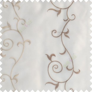 Beige white color light brown cream color vertical traditional embroidery pattern transparent base fabric sheer curtain