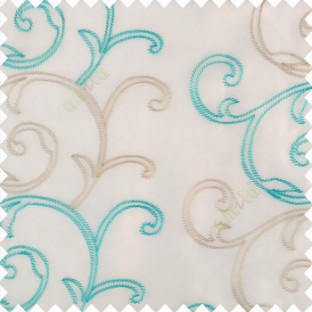 Aqua blue beige white color traditional embroidery large size swirl patterns with transparent net fabric sheer curtain