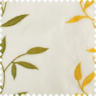 Green yellow white color Floral leaves vertical long twigs embroidery patterns polyester base transparent net fabric sheer curtain