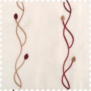 Maroon brown beige color vertical flowing embroidery lines flower buds with transparent net fabric sheer curtain