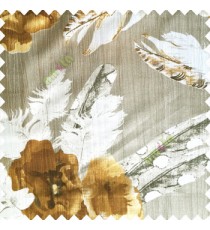 Gold grey white color natural floral big feathers vertical texture lines flowers decorative patterns polyester main curtain