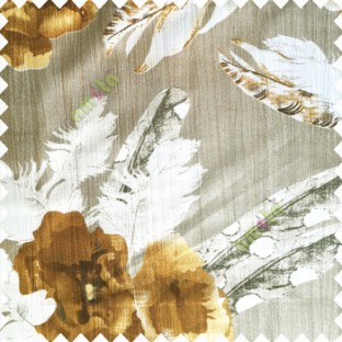 Gold grey white color natural floral big feathers vertical texture lines flowers decorative patterns polyester main curtain