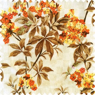 Orange brown beige gold color natural small trees with long leaves floral designs small flowers texture background polyester main curtain