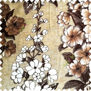 Dark brown cream color beautiful floral vertical designs different size flowers leaves and flower buds vertical crush lines texture base polyester fabric main curtain