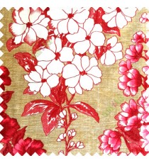 Red cream pink gold color beautiful floral vertical designs different size flowers leaves and flower buds vertical crush lines texture base polyester fabric main curtain