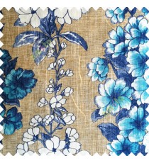 Royal blue brown cream aqua blue color beautiful floral vertical designs different size flowers leaves and flower buds vertical crush lines texture base polyester fabric main curtain