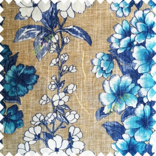 Royal blue brown cream aqua blue color beautiful floral vertical designs different size flowers leaves and flower buds vertical crush lines texture base polyester fabric main curtain