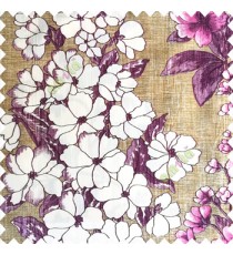 Purple cream pink brown color beautiful floral vertical designs different size flowers leaves and flower buds vertical crush lines texture base polyester fabric main curtain
