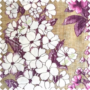 Purple cream pink brown color beautiful floral vertical designs different size flowers leaves and flower buds vertical crush lines texture base polyester fabric main curtain