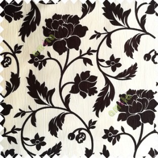 Dark brown and cream color base polyester fabric crush lines traditional floral rose flower designs with long flowing stems with leaves flower buds main curtain