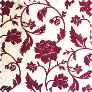 Maroon cream color base polyester fabric crush lines traditional floral rose flower designs with long flowing stems with leaves flower buds main curtain