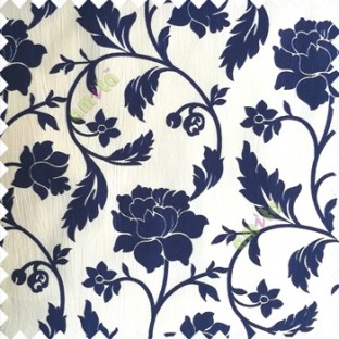 Royal blue cream color base polyester fabric crush lines traditional floral rose flower designs with long flowing stems with leaves flower buds main curtain