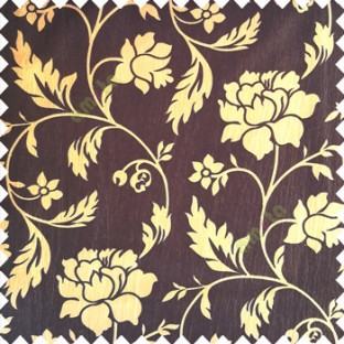 Dark chocolate brown gold color base polyester fabric crush lines traditional floral rose flower designs with long flowing stems with leaves flower buds main curtain