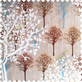 Brown white blue orange beige color natural designs small tree patterns texture big size floral trees small dots vertical lines polyester main curtain