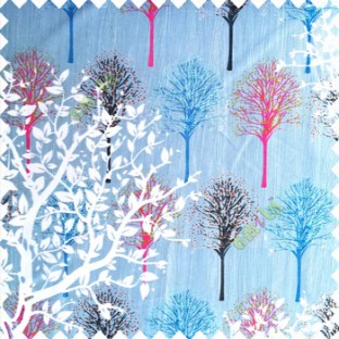 Blue pink grey white color natural designs small tree patterns texture big size floral trees small dots vertical lines polyester main curtain