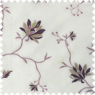 Purple pink white beige color natural floral embroidery patterns horizontal lines with transparent polyester fabric leaf flower buds sheer curtain