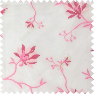 Pink white color natural floral embroidery patterns horizontal lines with transparent polyester fabric leaf flower buds sheer curtain