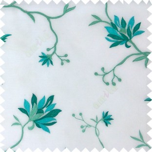 Blue white green color natural floral embroidery patterns horizontal lines with transparent polyester fabric leaf flower buds sheer curtain