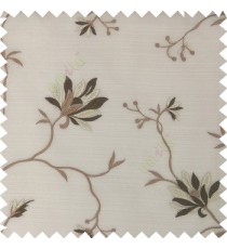 Brown beige color natural floral embroidery patterns horizontal lines with transparent polyester fabric leaf flower buds sheer curtain