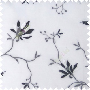 Black white cream grey color natural floral embroidery patterns horizontal lines with transparent polyester fabric leaf flower buds sheer curtain