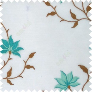 Blue brown white color natural floral embroidery patterns horizontal lines with transparent polyester fabric leaf flower buds sheer curtain