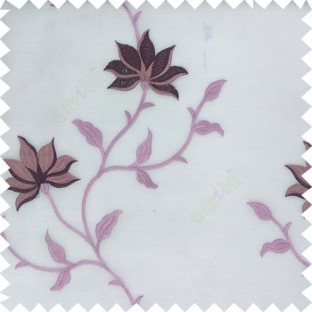 Purple white color natural floral embroidery patterns horizontal lines with transparent polyester fabric leaf flower buds sheer curtain