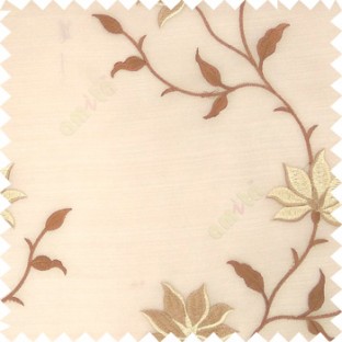 Brown beige gold color natural floral embroidery patterns horizontal lines with transparent polyester fabric leaf flower buds sheer curtain
