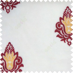 Maroon white yellow color traditional damask design horizontal lines with transparent fabric sheer curtain