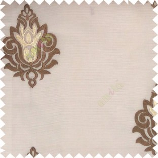 Brown beige color traditional damask design horizontal lines with transparent fabric sheer curtain