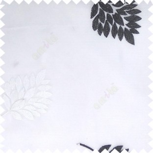 Black white color beautiful natural floral leaf pattern embroidery designs horizontal lines with transparent fabric sheer curtain