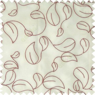 Maroon white color traditional paisley pattern embroidery leaves design with transparent polyester background sheer curtain