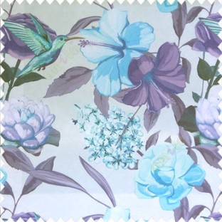 Purple blue beige color beautiful javakusum flower and small flowers bunch long leaf lotus hummingbird watercolor print poly fabric main curtain