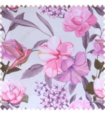 Purple pink brown grey color beautiful javakusum flower and small flowers bunch long leaf lotus hummingbird watercolor print poly fabric main curtain