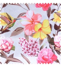 Red yellow pink green brown cream color beautiful javakusum flower and small flowers bunch long leaf lotus hummingbird watercolor print poly fabric main curtain