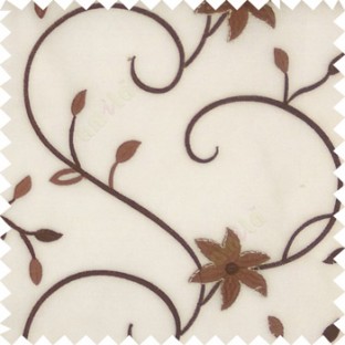 Dark chocolate brown white color beautiful floral long swirls small leaf embroidery designs with transparent polyester base fabric flowers sheer curtain