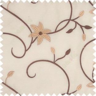 Brown white gold color beautiful floral long swirls small leaf embroidery designs with transparent polyester base fabric flowers sheer curtain