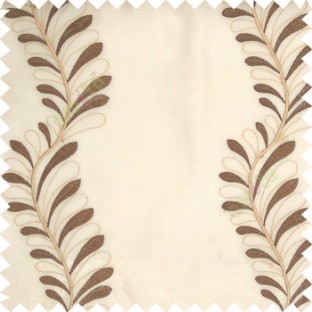 Dark brown white cream color vertical flowing floral long leaf embroidery designs with polyester transparent background sheer curtain