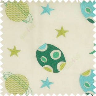 Blue green white color kids embroidery designs stars circles planets horizontal lines with transparent polyester background sheer curtain