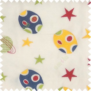 Yellow blue red white color kids embroidery designs stars circles planets horizontal lines with transparent polyester background sheer curtain
