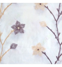 Dark brown beige cream color floral twig embroidery pattern flower natural cotton buds cotton finished sheer curtain