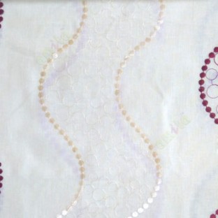 Red cream beige color vertical flowing waves geometric circles polka ball chain waves cotton finished sheer curtain