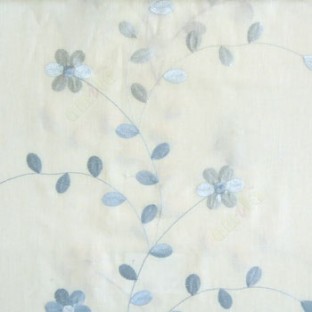 Blue cream color beautiful flower with leaf on thin long stem embroidery cotton finished sheer curtain