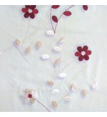 Red cream color beautiful flower with leaf on thin long stem embroidery cotton finished sheer curtain