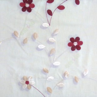 Red cream color beautiful flower with leaf on thin long stem embroidery cotton finished sheer curtain