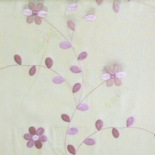 Purple cream color beautiful flower with leaf on thin long stem embroidery cotton finished sheer curtain