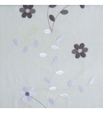 Grey cream color beautiful flower with leaf on thin long stem embroidery cotton finished sheer curtain